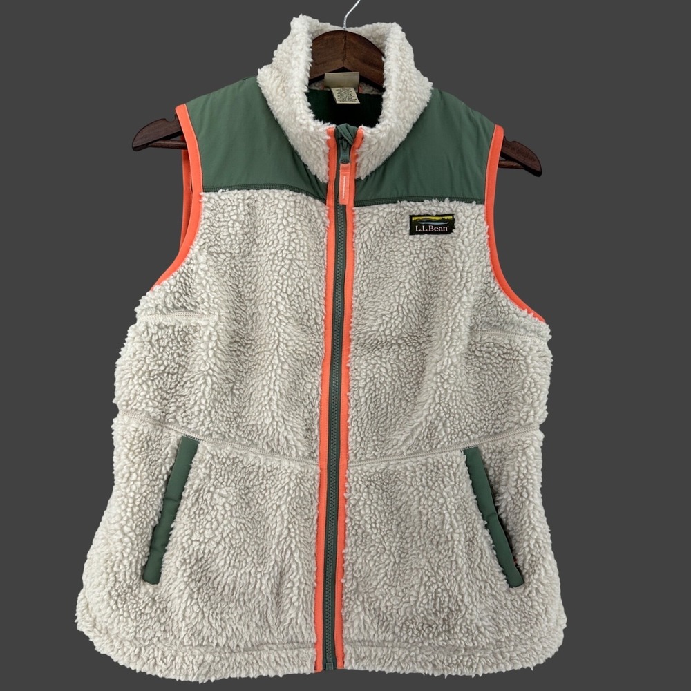 LL Bean Mountain Pile Fleece Vest Cream Green Orange Full Zip Sherpa Mens Medium